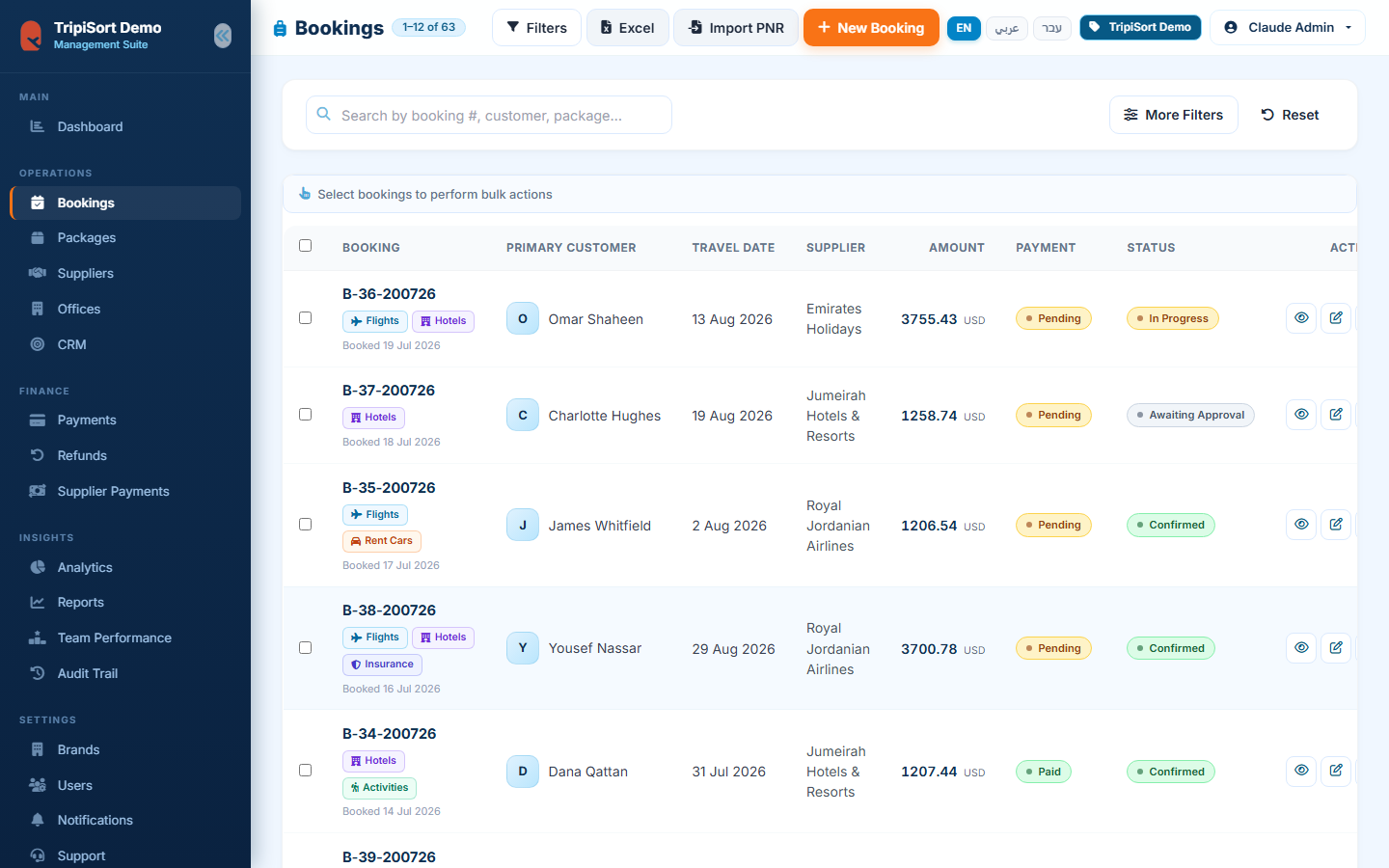 Bookings list with statuses, payment states and traveler counts