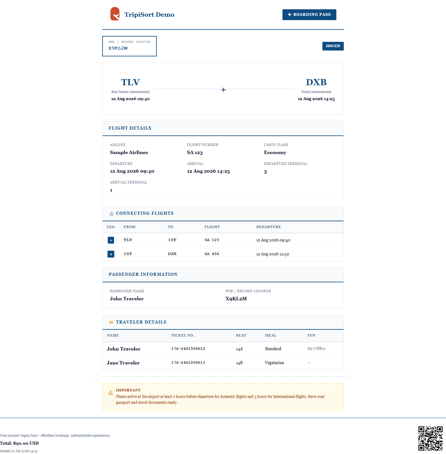 Generated full-page branded flight voucher