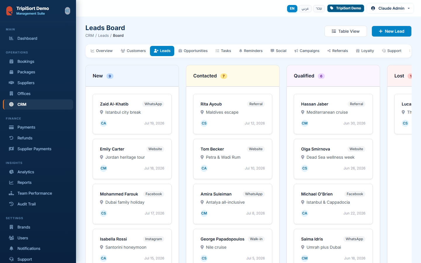 CRM leads pipeline board with drag-and-drop stages